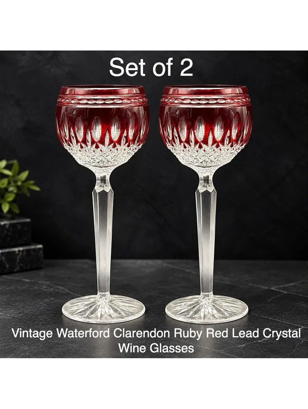 Set of 2 Rare Vtg. WATERFORD Clarendon Ruby Red Lead Crystal Wine Glass Stemware
